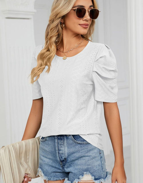 Load image into Gallery viewer, Eyelet Puff Sleeve Round Neck Blouse
