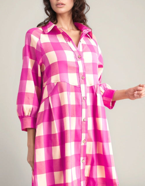 Load image into Gallery viewer, Ruched Plaid Three-Quarter Sleeve Shirt Dress
