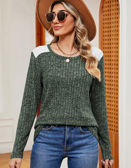 Load image into Gallery viewer, Eyelet Ribbed Round Neck Long Sleeve T-Shirt
