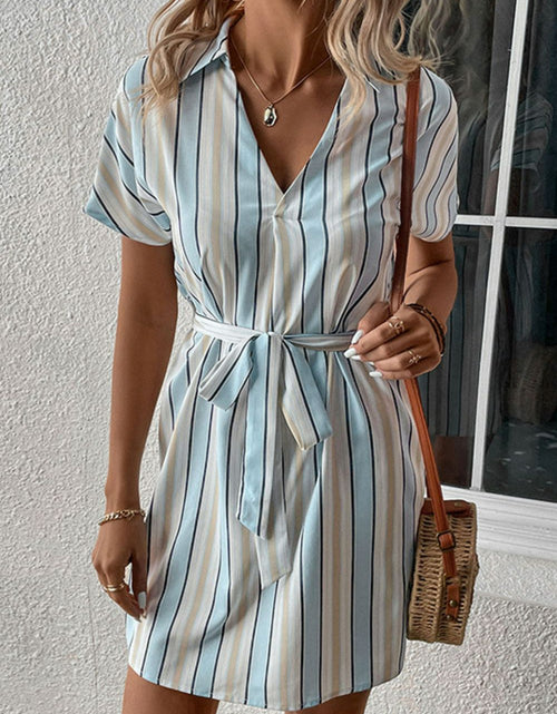Load image into Gallery viewer, Perfee Striped Johnny Collar Tie-Waist Dress
