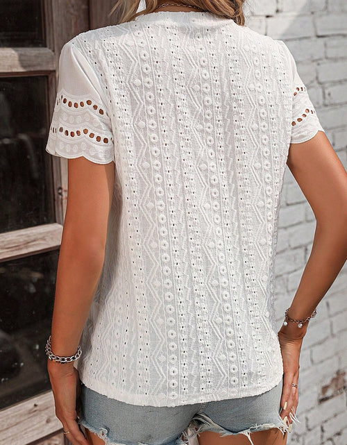 Load image into Gallery viewer, Eyelet Round Neck Short Sleeve Top
