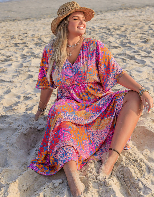 Load image into Gallery viewer, Plus Size Printed V-Neck Half Sleeve Maxi Dress

