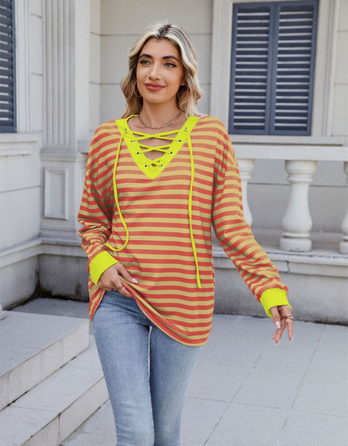 Load image into Gallery viewer, Lace-Up Striped Long Sleeve T-Shirt
