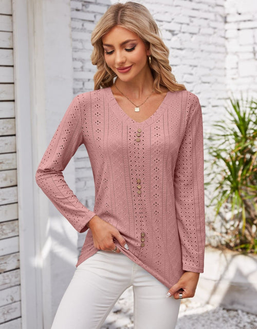 Load image into Gallery viewer, Decorative Button Openwork V-Neck T-Shirt
