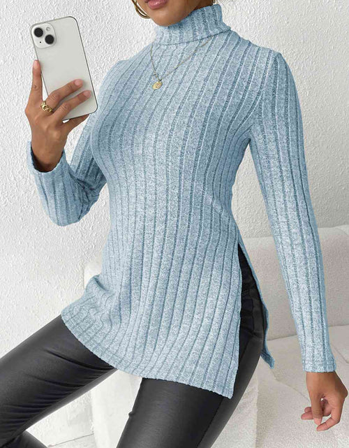 Load image into Gallery viewer, Ribbed Turtleneck Long Sleeve Slit T-Shirt
