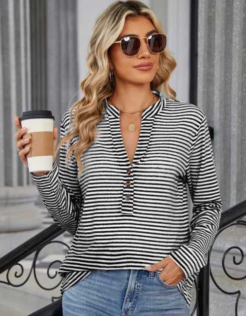 Load image into Gallery viewer, Striped Notched Long Sleeve T-Shirt
