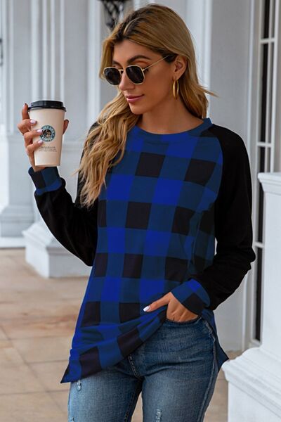 Load image into Gallery viewer, Plaid Round Neck Long Sleeve T-Shirt
