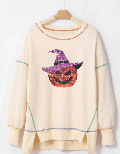 Load image into Gallery viewer, Contrast Stitching Sequin Pumpkin Round Neck Long Sleeve Sweatshirt
