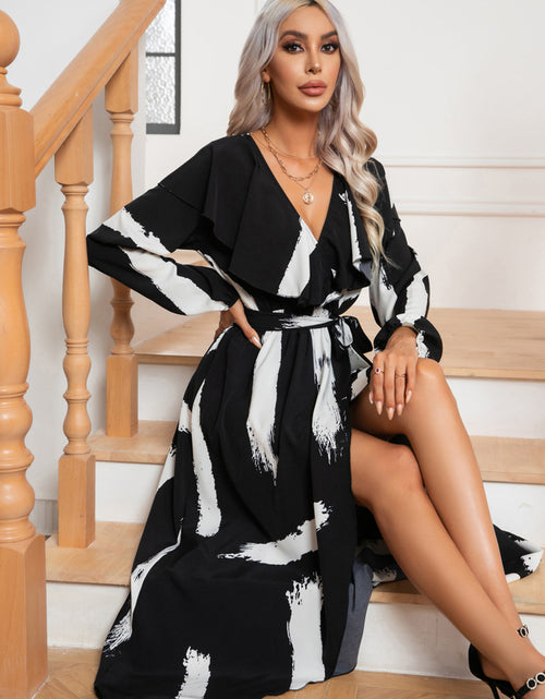 Load image into Gallery viewer, Printed Tie Front Ruffle Trim Long Sleeve Dress
