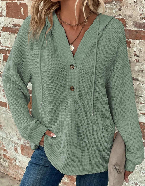 Load image into Gallery viewer, Waffle Knit Long Sleeve Drawstring Hooded Top
