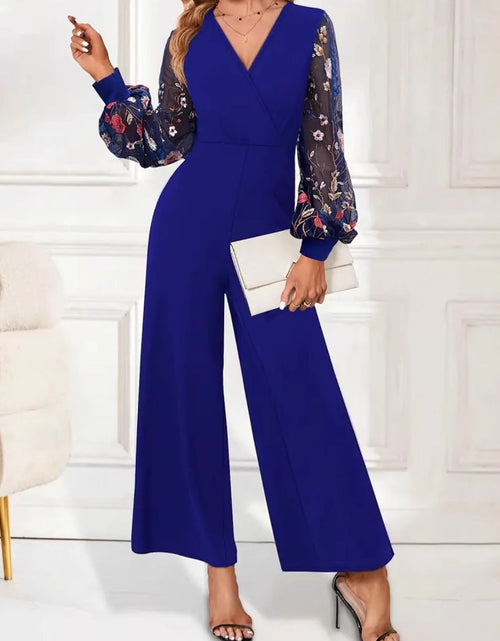Load image into Gallery viewer, Surplice Embroidered Long Sleeve Wide Leg Jumpsuit
