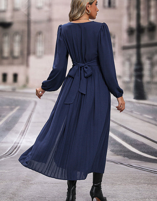 Load image into Gallery viewer, Perfee V-Neck Long Sleeve Pleated Slit Dress
