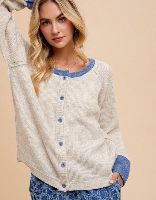 Load image into Gallery viewer, Annie Wear Contrast Trim Button Down Raglan Sleeve Cardigan
