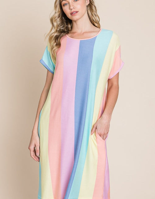 Load image into Gallery viewer, BOMBOM Striped Short Sleeve Dress with Pockets
