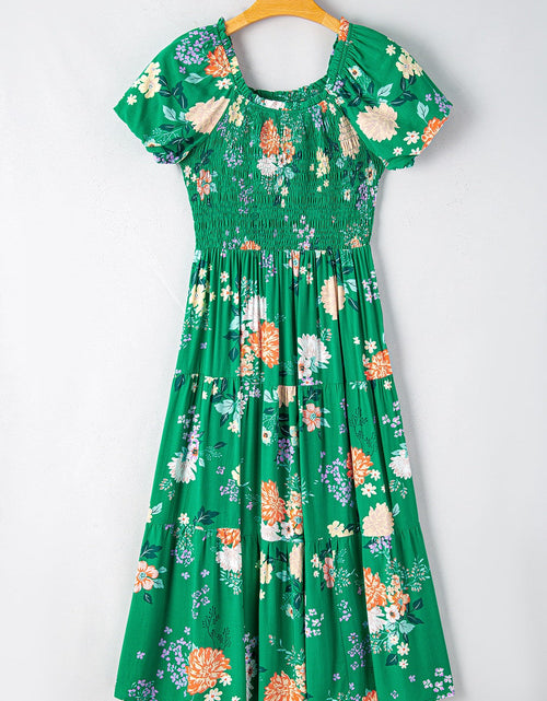 Load image into Gallery viewer, Floral Print Bubble Sleeve Smocked Tiered Midi Dress
