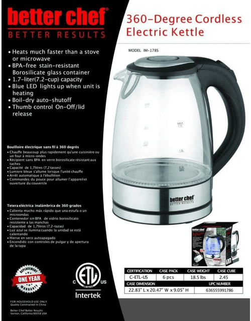 Load image into Gallery viewer, Better Chef 1500W 7-Cup Cordless Electric Borosilicate Glass Kettle with 360 Degree Swivel Base by Jupiter Gear Home
