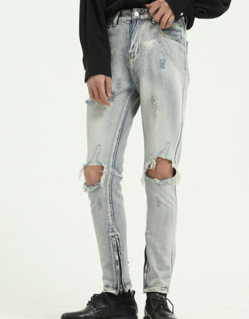 Load image into Gallery viewer, Pocketed Distressed Jeans with Side Zip
