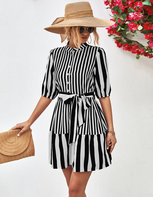 Load image into Gallery viewer, Striped Half Sleeve Tie Waist Mini Dress
