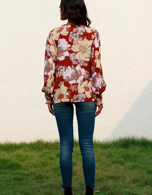 Load image into Gallery viewer, Floral V-Neck Smocked Lantern Sleeve Blouse
