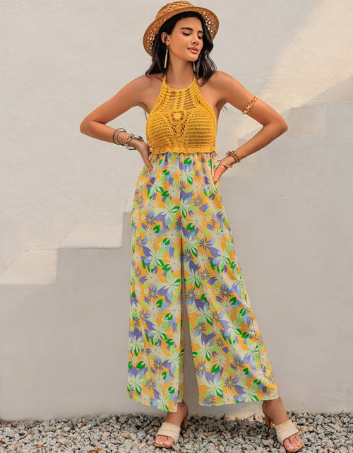 Load image into Gallery viewer, Openwork Halter Neck Floral Wide Leg Jumpsuit
