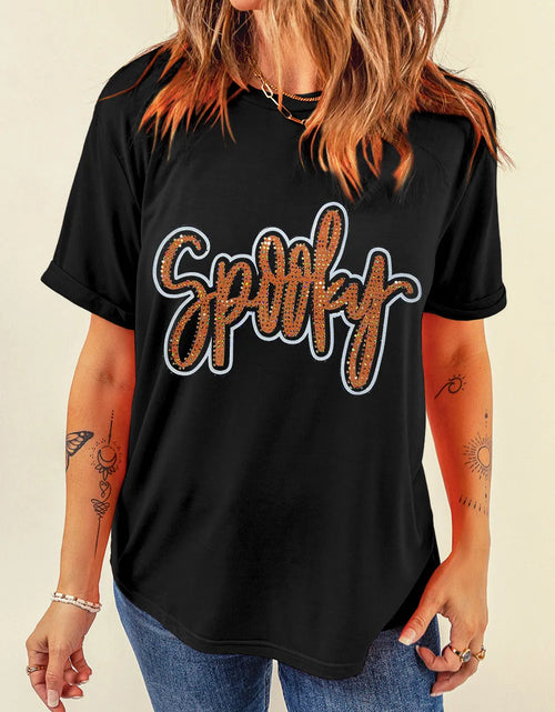 Load image into Gallery viewer, Rhinestone Letter Round Neck Short Sleeve T-Shirt
