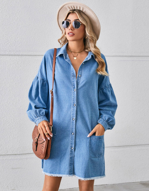Load image into Gallery viewer, Button Up Pocketed Raw Hem Denim Dress

