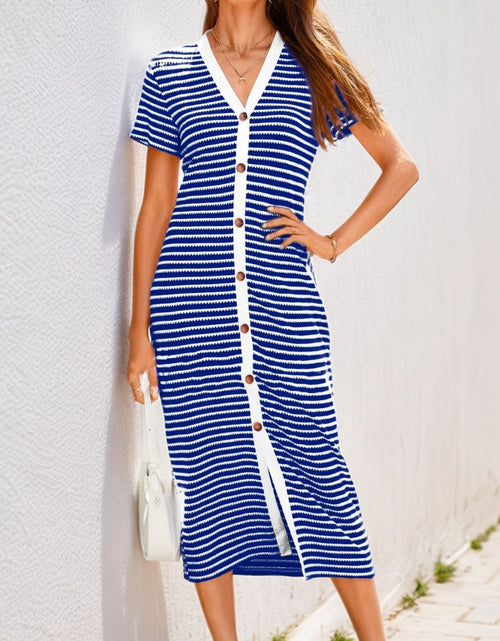 Load image into Gallery viewer, Contrast Striped V-Neck Short Sleeve Midi Dress
