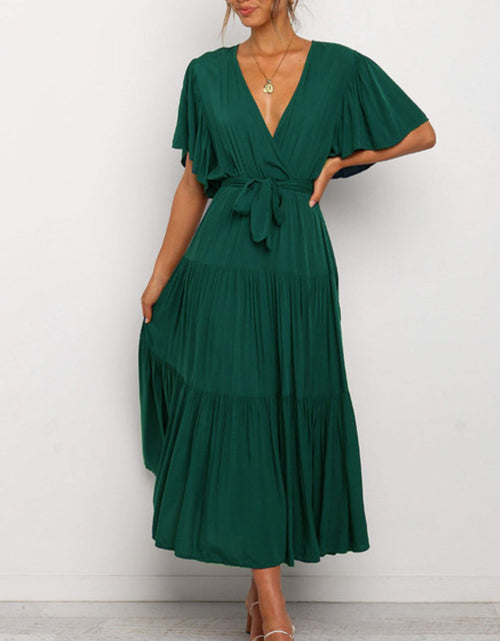 Load image into Gallery viewer, Front Tie Short Sleeve Tiered Midi Dress
