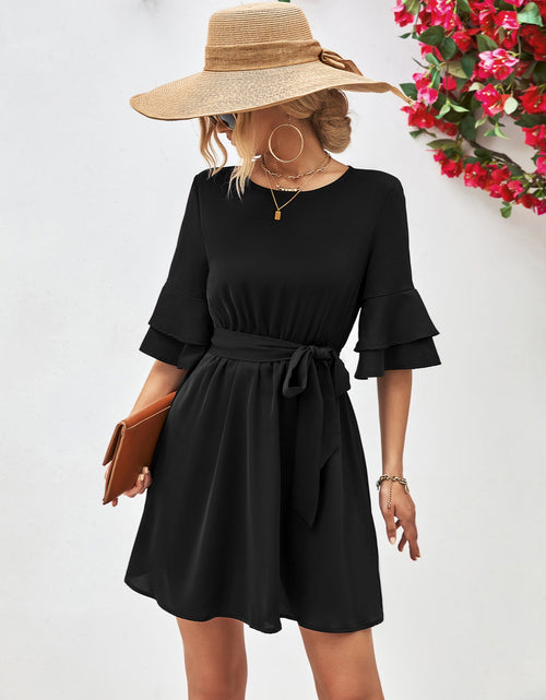 Load image into Gallery viewer, Round Neck Tie Belt Flounce Sleeve Dress
