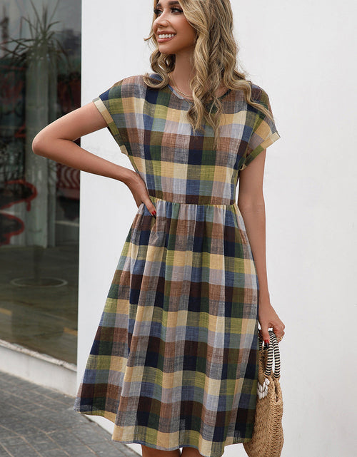 Load image into Gallery viewer, Ivy Lane Plaid Round Neck Cap Sleeve Dress
