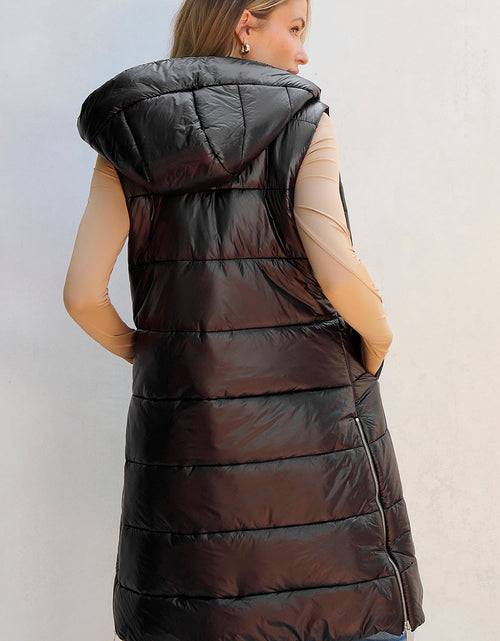 Load image into Gallery viewer, Longline Hooded Sleeveless Puffer Vest
