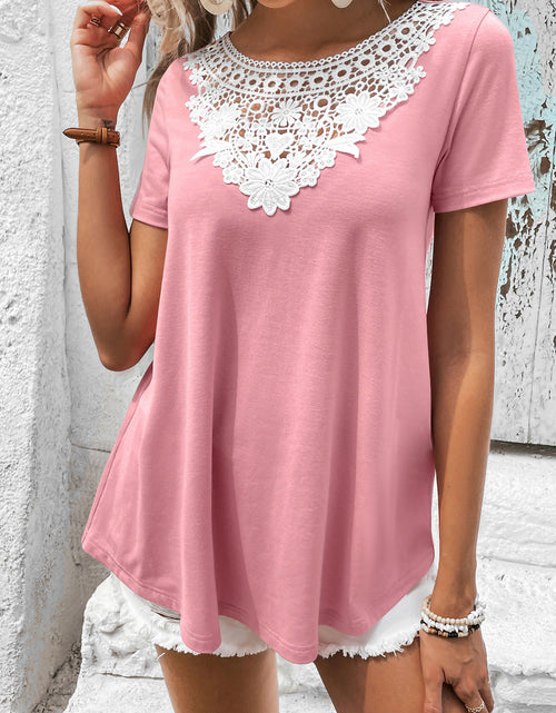 Load image into Gallery viewer, Ivy Lane Spliced Lace Contrast Short Sleeve Top
