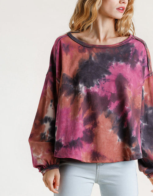 Load image into Gallery viewer, Umgee Full Size Tie Dye Round Neck Long Balloon Sleeve Top Plus Size
