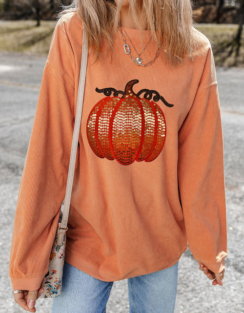 Load image into Gallery viewer, Sequin Pumpkin Round Neck Long Sleeve Sweatshirt
