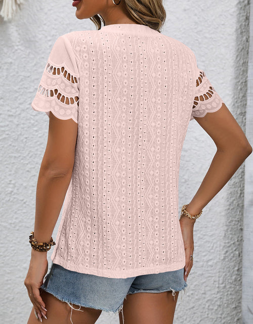 Load image into Gallery viewer, Full Size Eyelet Round Neck Short Sleeve Top
