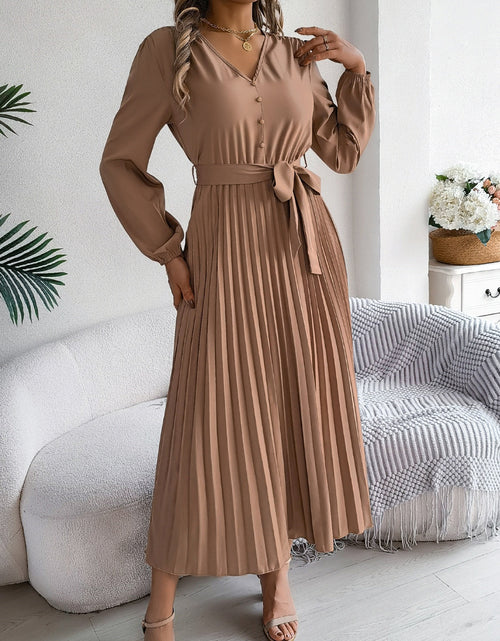 Load image into Gallery viewer, Pleated Tied V-Neck Long Sleeve Dress
