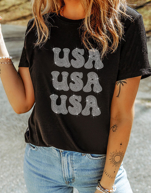 Load image into Gallery viewer, USA Rhinestone Round Neck Short Sleeve T-Shirt
