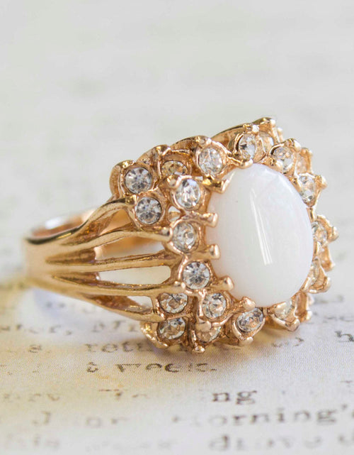 Load image into Gallery viewer, Vintage Emerald Green Crystal Cabochon Stone &amp; Clear Crystal Ring in 18kt Yellow Gold Electroplate by PVD Vintage Jewelry
