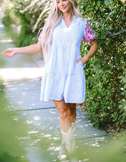 Load image into Gallery viewer, Stripe Contrast Floral Puff Sleeve Tiered Ruffle Dress by Poppy Lee Lane
