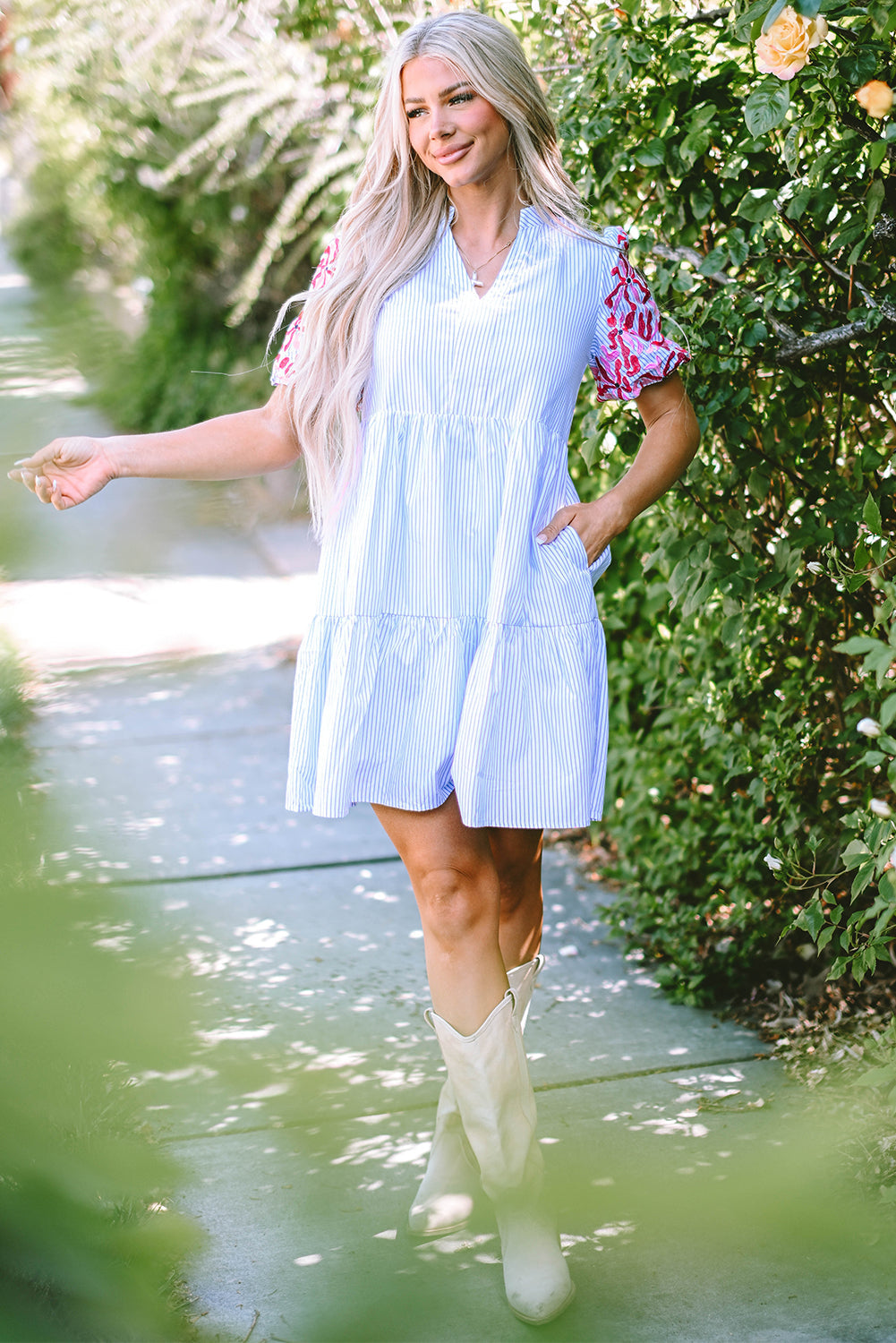 Stripe Contrast Floral Puff Sleeve Tiered Ruffle Dress by Poppy Lee Lane