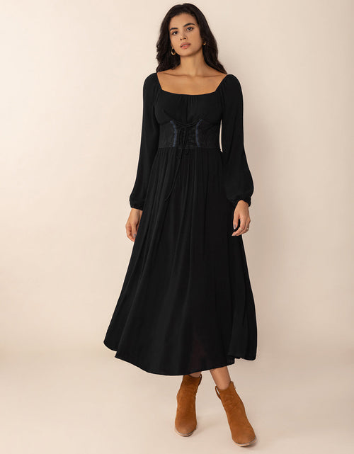 Load image into Gallery viewer, Lace-Up Square Neck Long Sleeve Midi Dress
