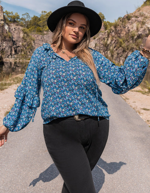 Load image into Gallery viewer, Plus Size Tie Neck Ruffled Blouse
