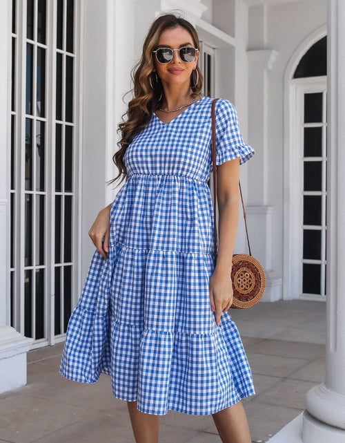 Load image into Gallery viewer, Plaid V-Neck Short Sleeve Midi Dress
