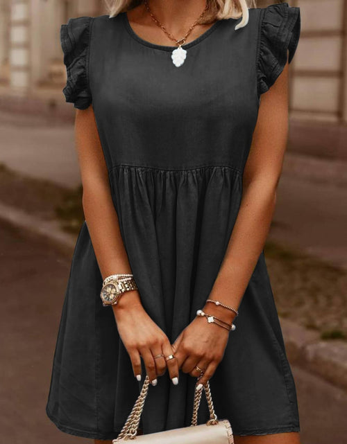 Load image into Gallery viewer, Full Size Ruffled Round Neck Cap Sleeve Denim Dress
