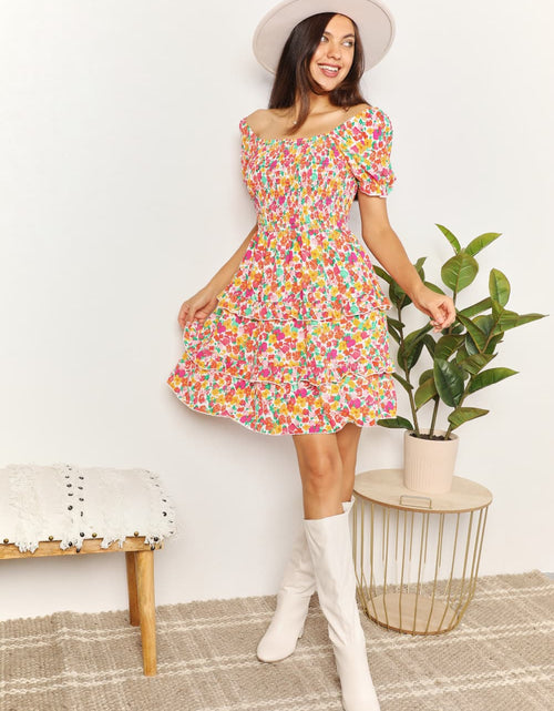 Load image into Gallery viewer, Devine Smocked Sweetheart Neck Flounce Sleeve Mini Dress
