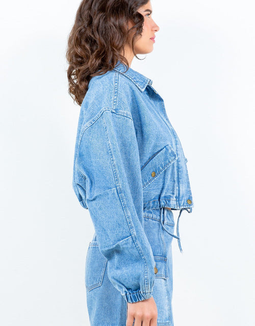 Load image into Gallery viewer, American Bazi Drawstring Waist Crop Denim Jacket
