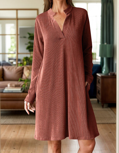 Load image into Gallery viewer, Notched Long Sleeve Mini Dress with Pockets
