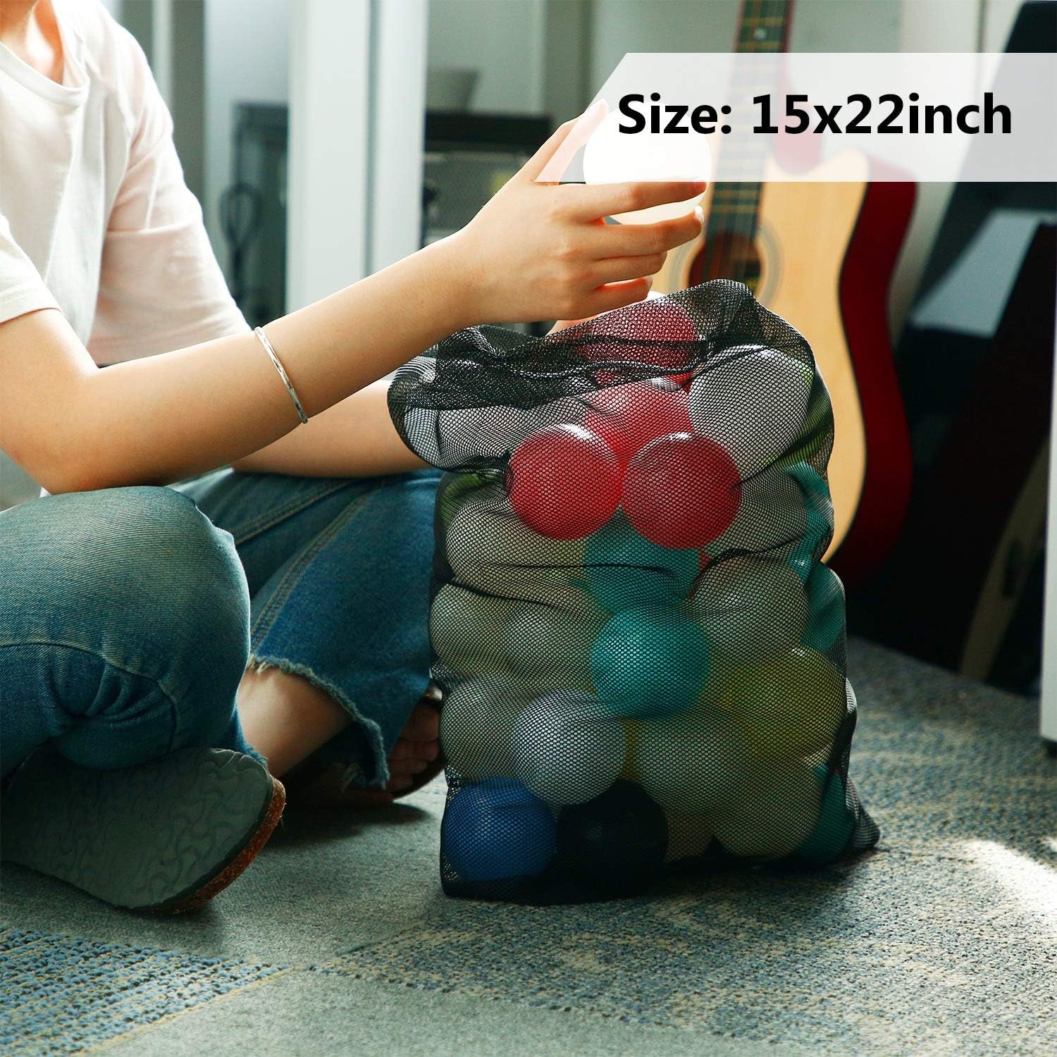 6 Pieces Mesh Stuff Sack, 11 X 15 Inch Durable Nylon Mesh Drawstring Laundry Bag for Rinsing Beach Toys, Seashell Collecting, Mesh Bags and Travel (Black)