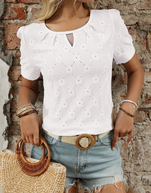 Load image into Gallery viewer, Eyelet Round Neck Short Sleeve Top
