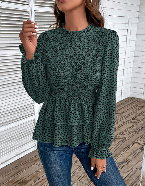 Load image into Gallery viewer, Printed Round Neck Smocked Flounce Sleeve T-Shirt
